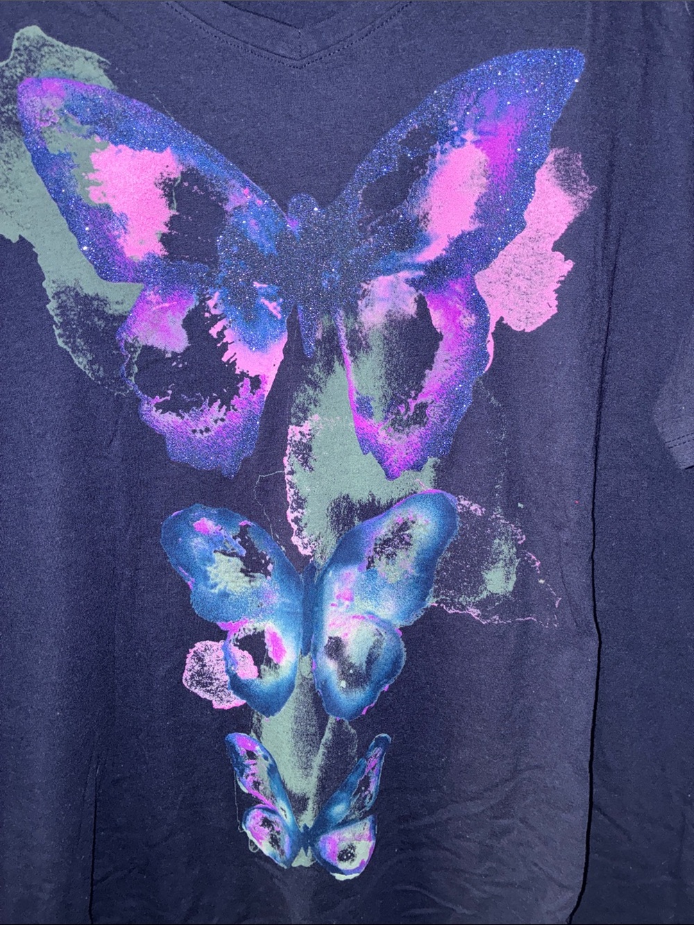 Just My Size Navy V-Neck Tee with Pink & Teal Butterfly Print - Picture 3 of 4